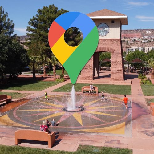 Google Maps logo superimposed over an image of downtown St. George, Utah- Properly location targeting your Google and Facebook ads can help your business create more effective campaigns and stretch your ad dollars.